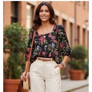 Dolan Anthropologie Black Floral Babydoll Blouse Top